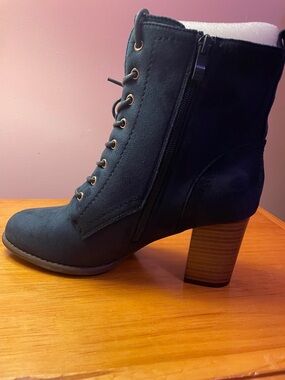 Lace-Up Black Suede Block Heel Ankle Boots